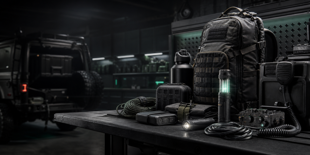 Richards Gear off-grid field supply kit arranged on a workbench