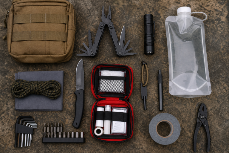 Self-reliance outdoor tools laid out for preparedness and field use