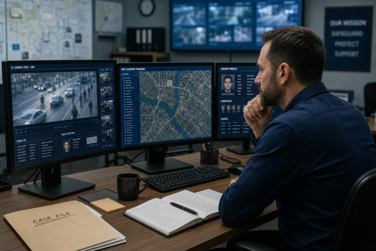 Professional analyst verifying surveillance intelligence on multiple screens in a modern office.